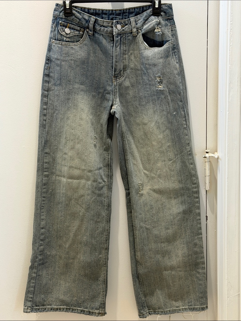 Wide-Leg Factory Distressed Striped Jean